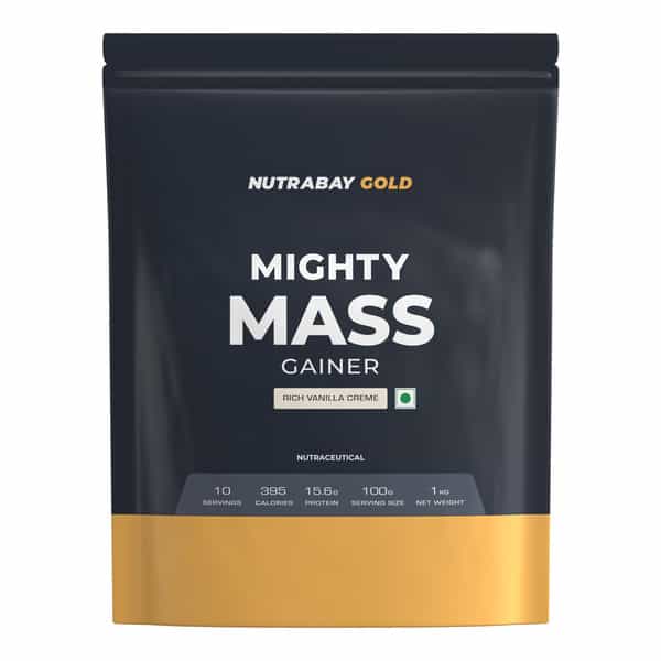 Nutrabay Gold Mighty Mass | Weight Gainer Supplement Powder - 1Kg | Rich Vanilla