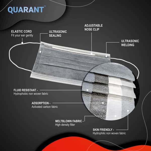 Quarant 4 Ply Activated Carbon Melt Blown Surgical Face Mask With Adjustable Nose Pin - Pack Of 50