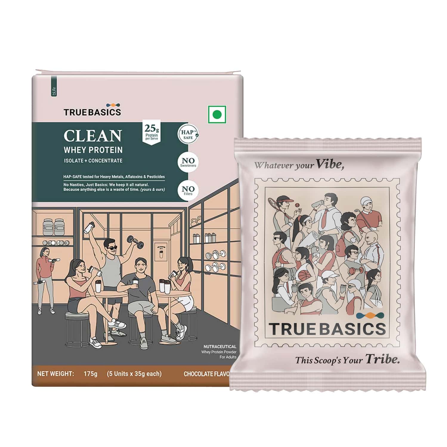 Truebasics Clean Whey Protein Powder Isolate & Concentrate Blend (chocolate 175g (35gx5)|25g Protein