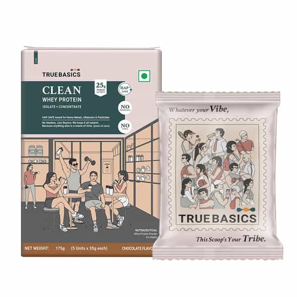 Truebasics Clean Whey Protein Powder Isolate & Concentrate Blend (Chocolate 175G (35Gx5)|25G Protein