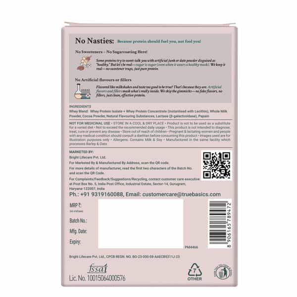 Truebasics Clean Whey Protein Powder Isolate & Concentrate Blend (Chocolate 175G (35Gx5)|25G Protein