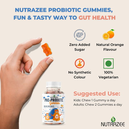 Nutrazee Probiotic Gummies Supplement For Kids & Adults|No Added Sugar | Orange Flavour (30g)
