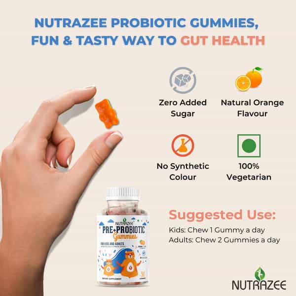 Nutrazee Probiotic Gummies Supplement For Kids & Adults|No Added Sugar | Orange Flavour (30G)