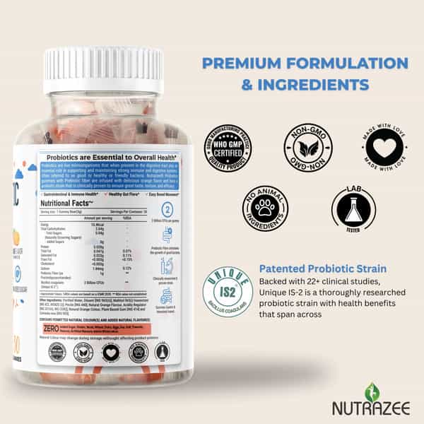 Nutrazee Probiotic Gummies Supplement For Kids & Adults|No Added Sugar | Orange Flavour (30G)