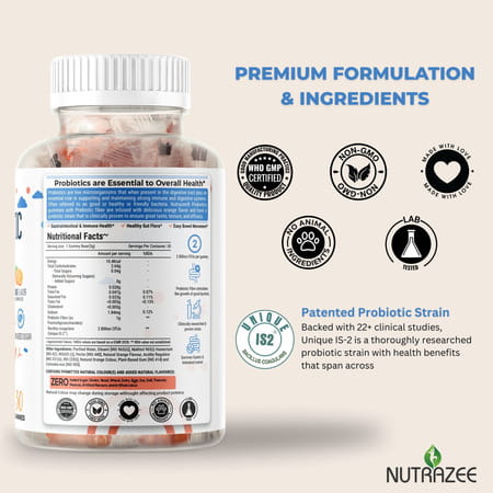 Nutrazee Probiotic Gummies Supplement For Kids & Adults|No Added Sugar | Orange Flavour (30g)