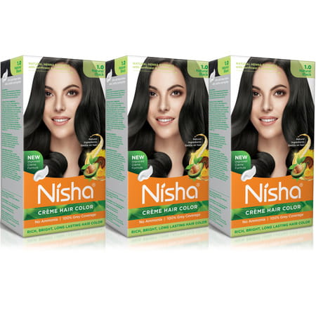 Nisha Creme Hair Color 1.0 Natural Black 120g Pack Of 3 Ammonia Free Hair Colour, 100% Grey Coverage