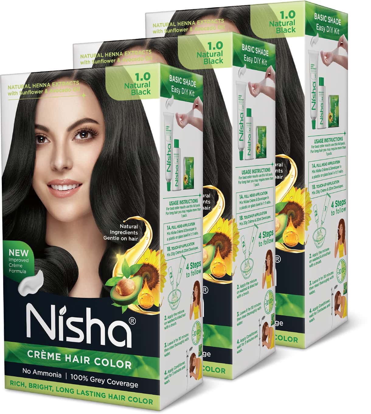 Nisha Creme Hair Color 1.0 Natural Black 120g Pack Of 3 Ammonia Free Hair Colour, 100% Grey Coverage