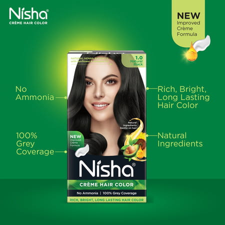 Nisha Creme Hair Color 1.0 Natural Black 120g Pack Of 3 Ammonia Free Hair Colour, 100% Grey Coverage
