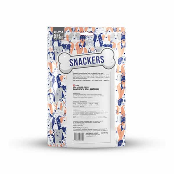 Snackers Non Rawhide Chews Sandwich Roll Natural Dog Treats | 225 G