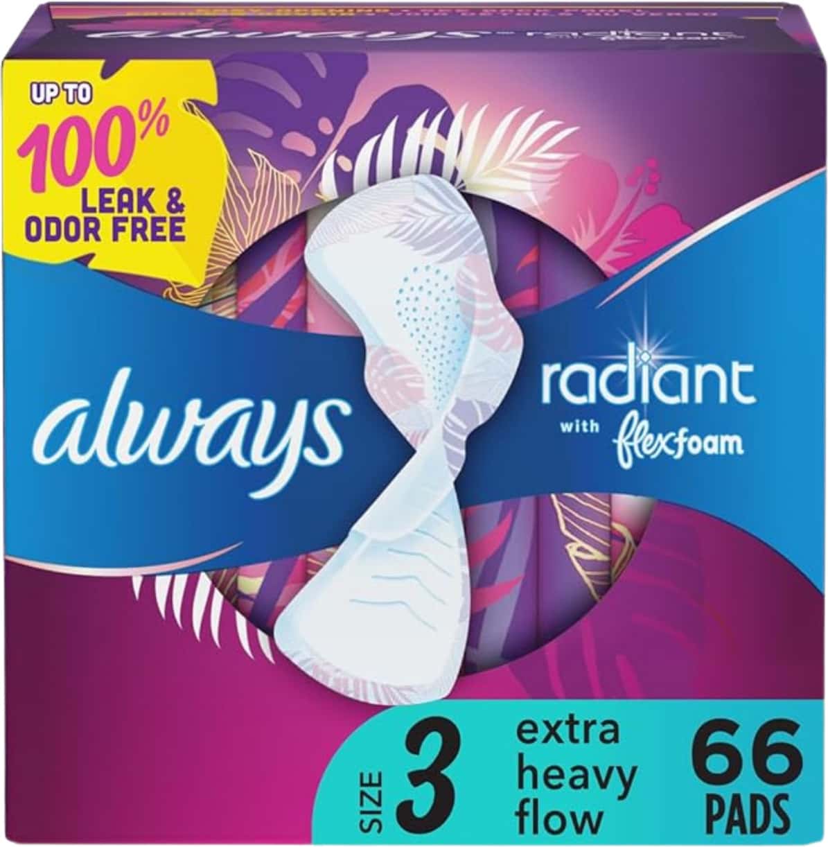 Always Radiant Feminine Pads With Wings Extra Heavy Overnight Size 3 (Pack Of 66)
