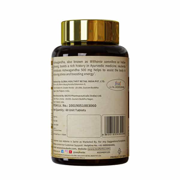 Neuherbs Ashwagandha Tablets 500 Mg 60 Tablets To Boost Energy | Reduce Stress & Support Sleep Cycle