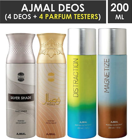 Ajmal 1 Silver Shade For Men 1 Wisal For Women 1 Distraction 1 Magnetize Unisex Combo Pack Of 4 Deos