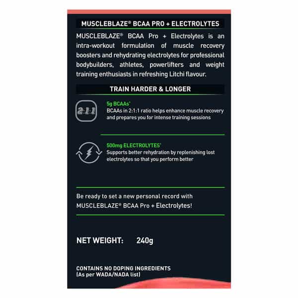 Muscleblaze Bcaa Pro, Powerful Intra Workout | 5G Vegan Bcaas & 500 Mg Electrolytes (Litchi, 240 G)