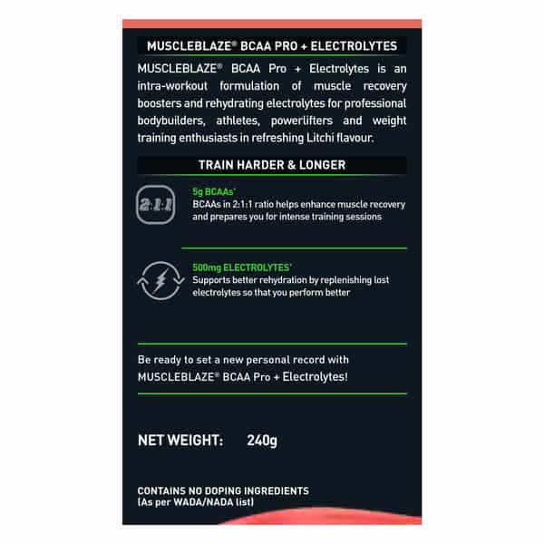Muscleblaze Bcaa Pro, Powerful Intra Workout | 5G Vegan Bcaas & 500 Mg Electrolytes (Litchi, 240 G)