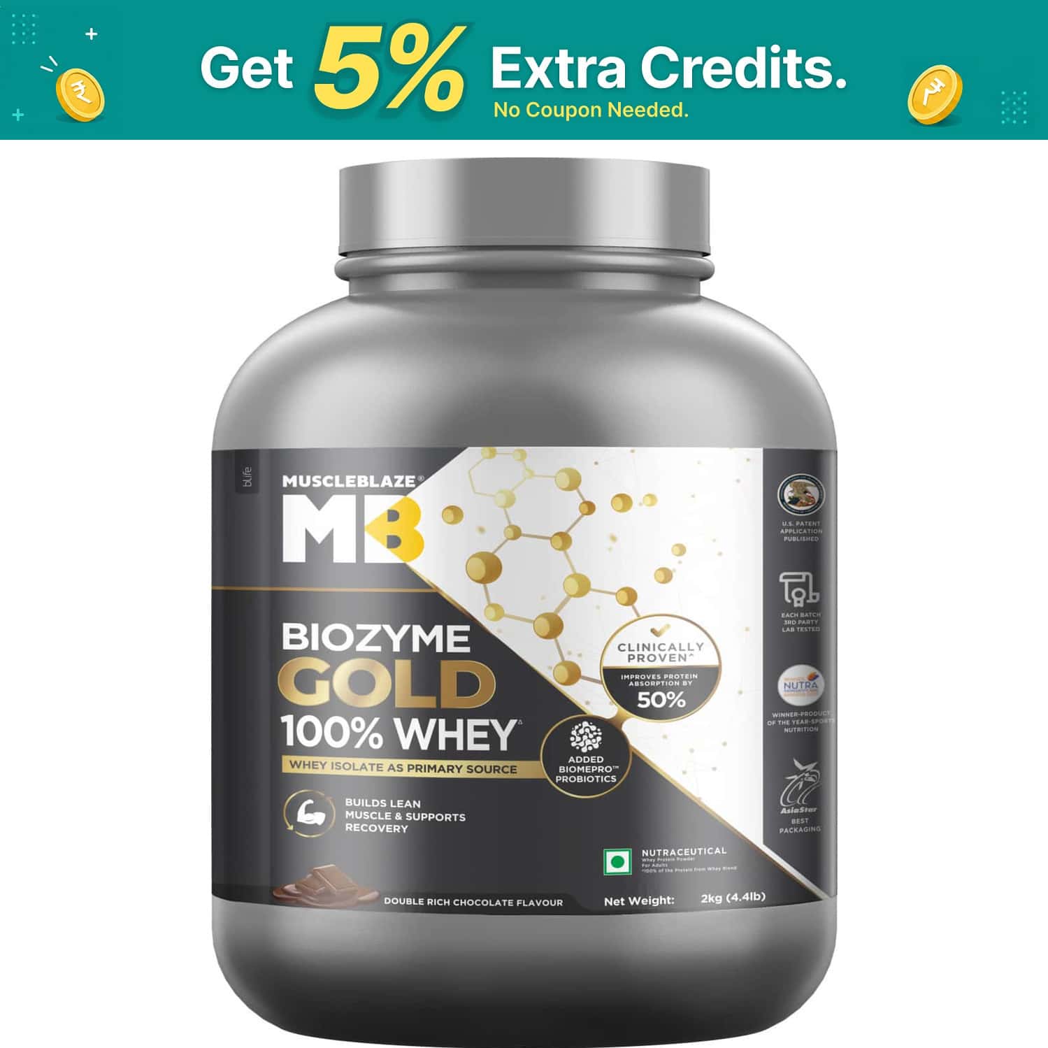 Muscleblaze Biozyme Gold 100% Whey Protein (double Rich Chocolate| 2kg / 4.4 Lb)