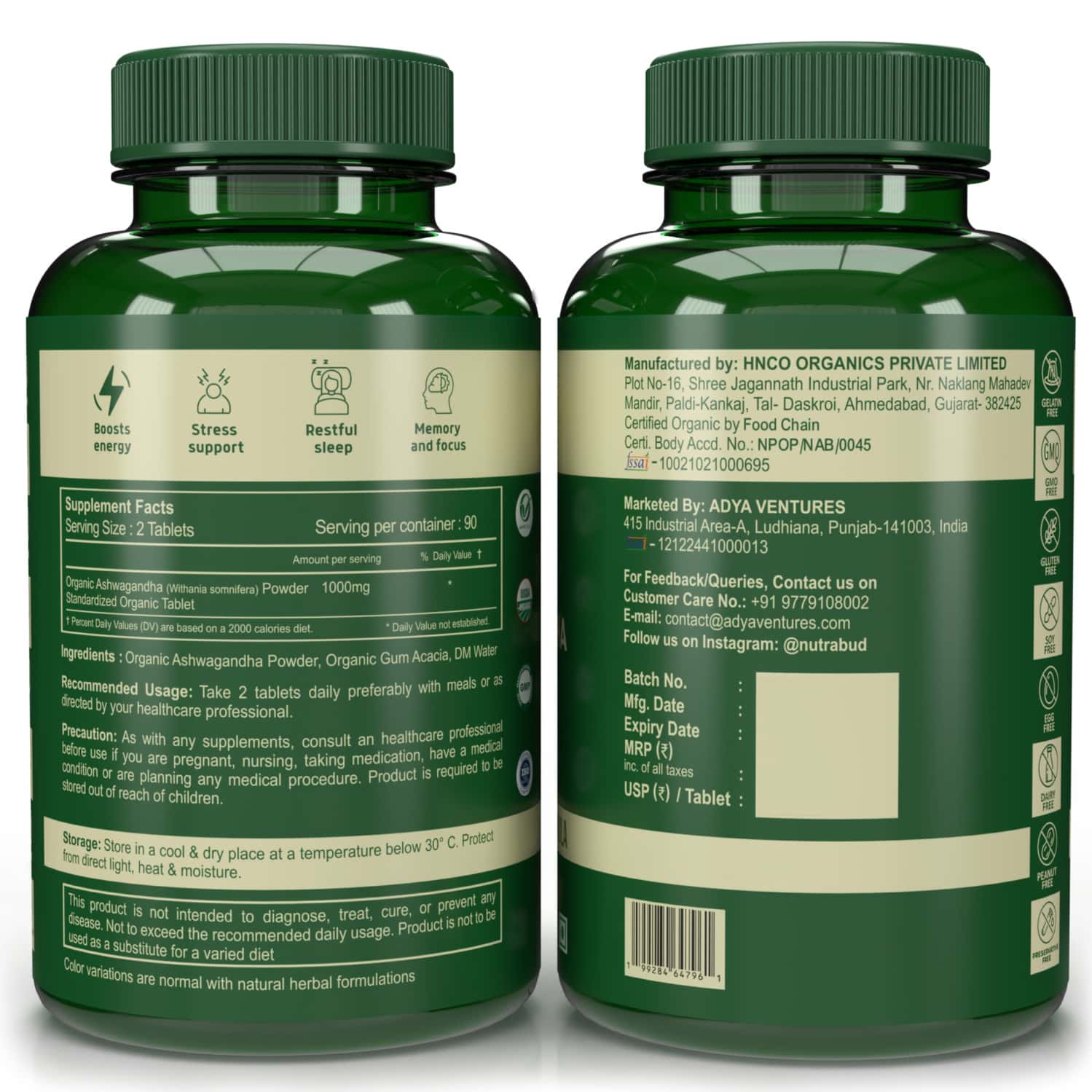 Nutrabud Organics Ashwagandha 1000mg | Stress & Anxiety Relief | 180 Tablets