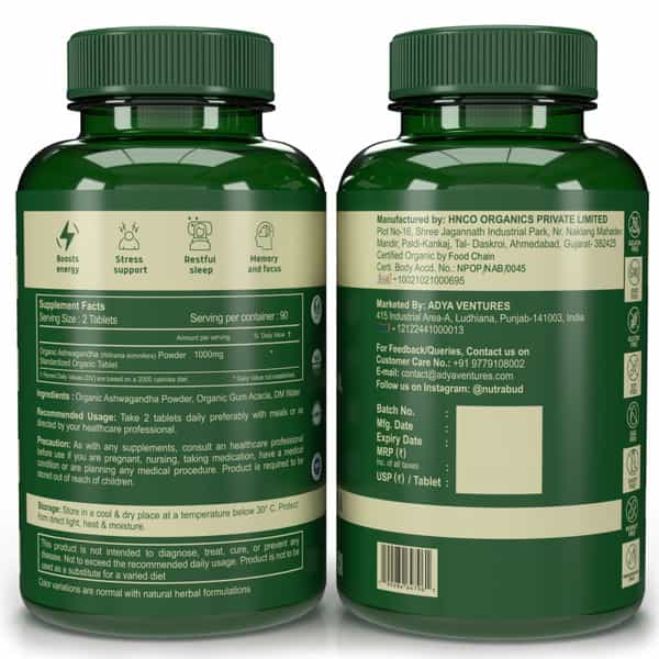 Nutrabud Organics Ashwagandha 1000Mg | Stress & Anxiety Relief | 180 Tablets