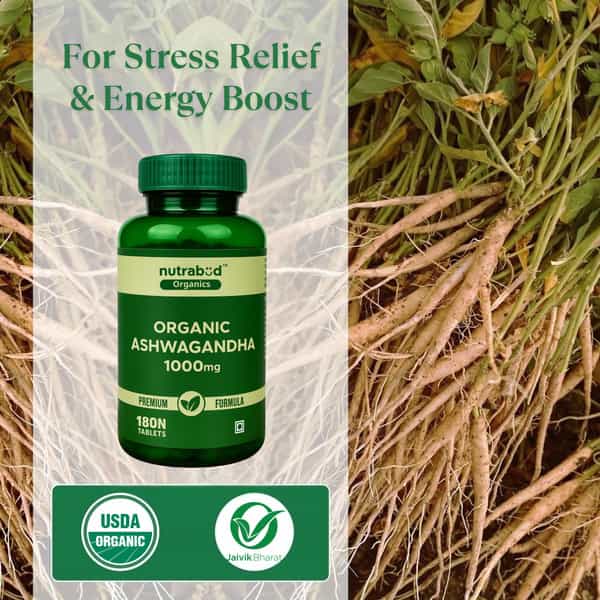 Nutrabud Organics Ashwagandha 1000Mg | Stress & Anxiety Relief | 180 Tablets