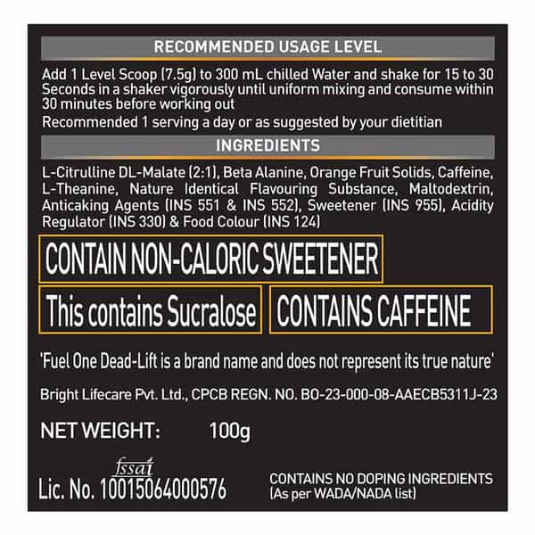 Fuel One Dead-Lift Pre Workout (Deadly Fruit | 100G | 13 Servings) | 200Mg Caffeine