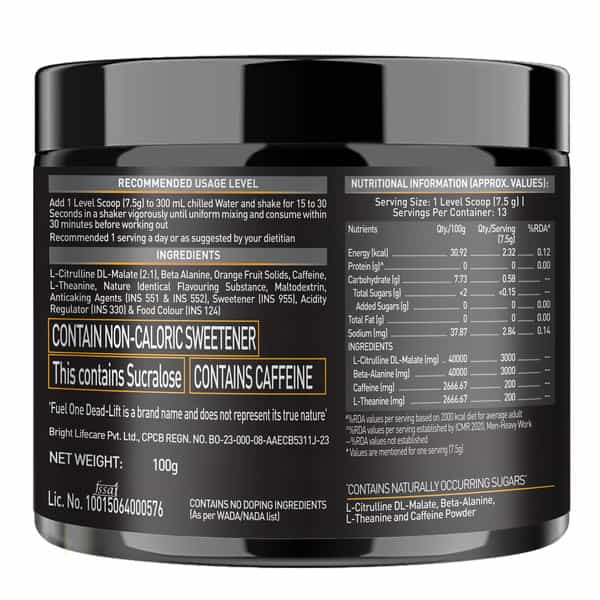 Fuel One Dead-Lift Pre Workout (Deadly Fruit | 100G | 13 Servings) | 200Mg Caffeine