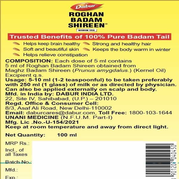 Dabur Roghan Badam Shireen Tail 100Ml With Free Dabur Honey 100G