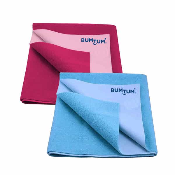 Bumtum Dry Sheet Leakproof Baby Bed Protector (Hot Pink + Aqua Blue Medium Size 100*70Cm|Pack Of 2)