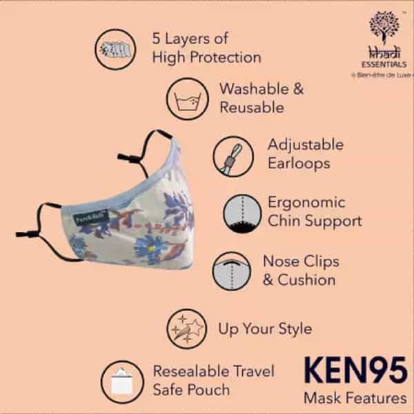 Khadi Essentials Pure&Safe 5 Layered Designer Reusable Washable Ken95 Face Mask Floral 1 Pc