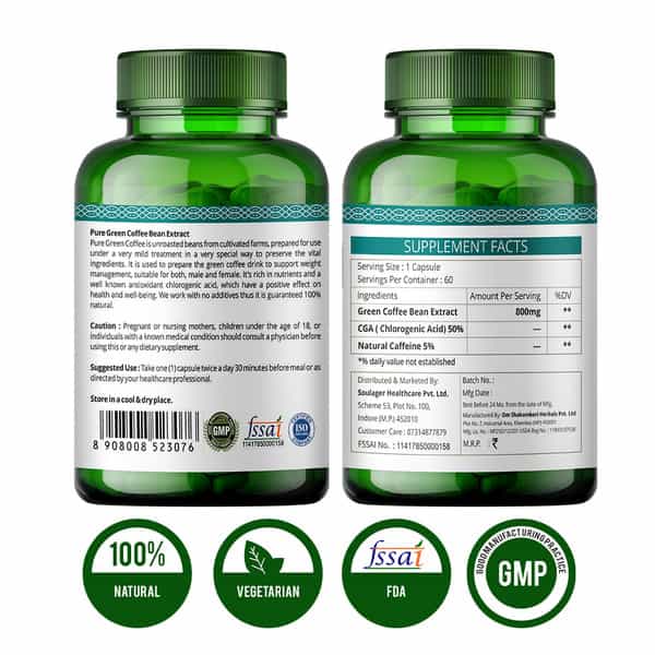 Simply Herbal Natural Green Coffee Beans Extract Capsules Supplement 500Mg - 60 Pills