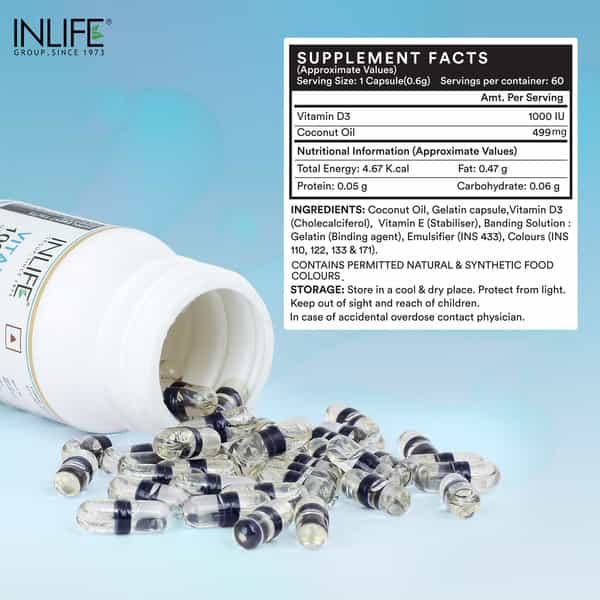 Inlife Vitamin D3 Cholecalciferol Supplement For Men Women 1000 Iu - 60 Liquid Filled Capsules