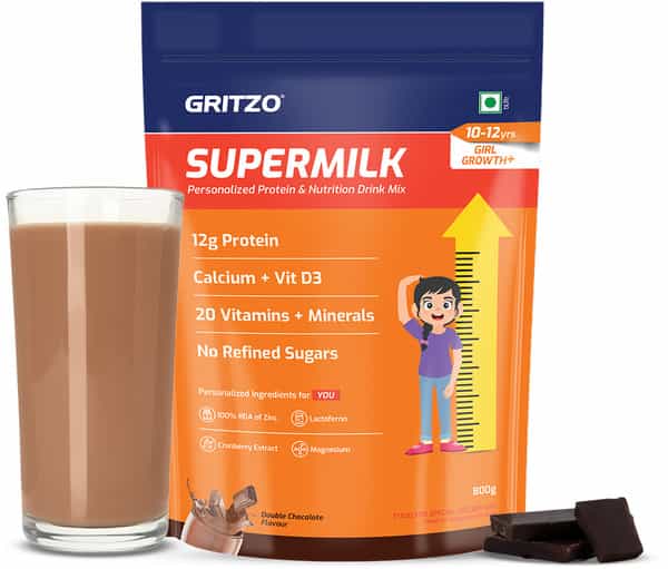 Gritzo Supermilk Growth+ (10-12Y Girls) | 12G Protein Powder (Double Chocolate | 800G)