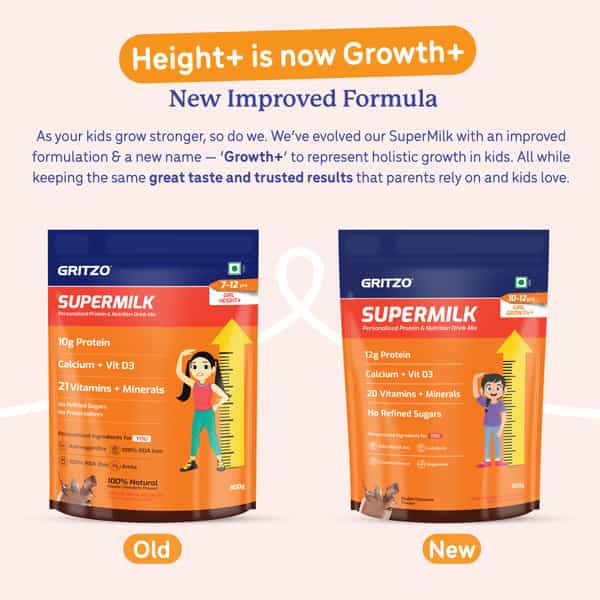 Gritzo Supermilk Growth+ (10-12Y Girls) | 12G Protein Powder (Double Chocolate | 800G)