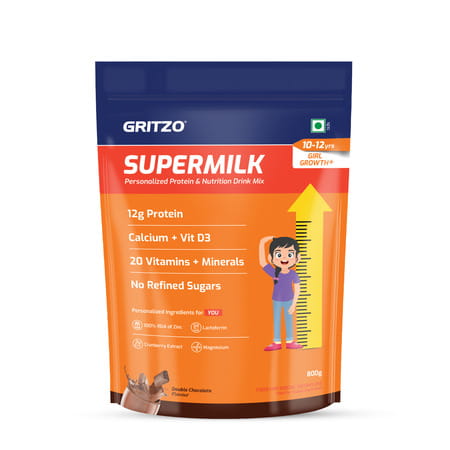 Gritzo Supermilk Growth+ (10-12Y Girls) | 12G Protein Powder (Double Chocolate | 800G)