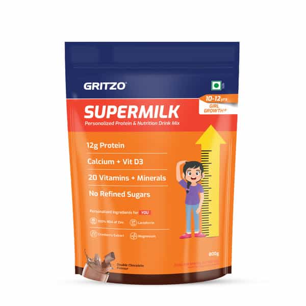 Gritzo Supermilk Growth+ (10-12Y Girls) | 12G Protein Powder (Double Chocolate | 800G)