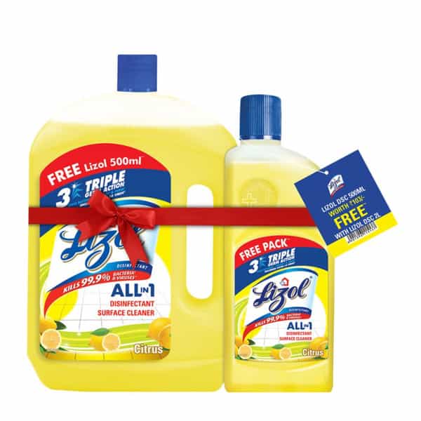Lizol Disinfectant Surface & Floor Cleaner | Citrus 2L With Citrus Floor Cleaner - 500 Ml