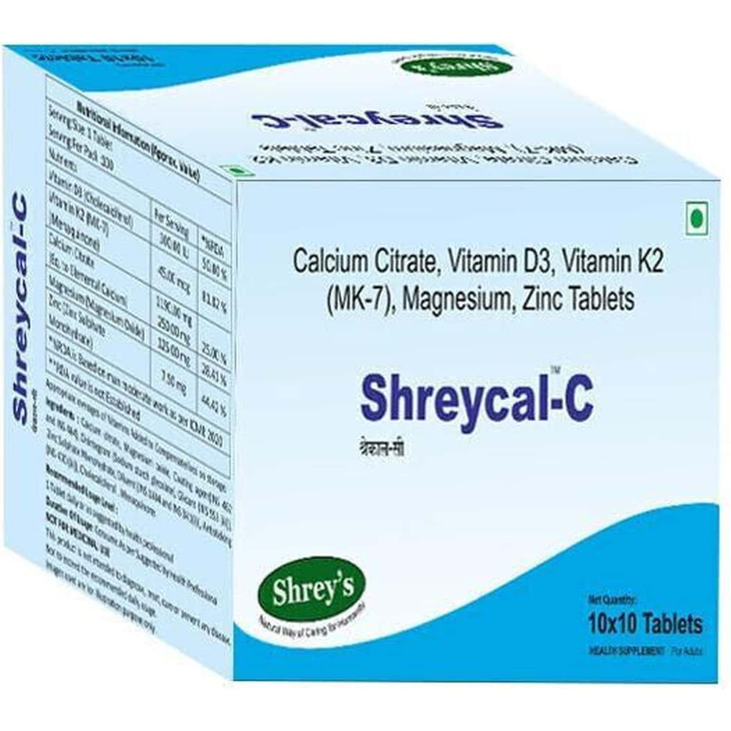Shrey's Shreycal-c Calcium Citrate | Zinc | Vitamin D3 | Vitamin K2 (mk-7)help Bone & Joint - 100n