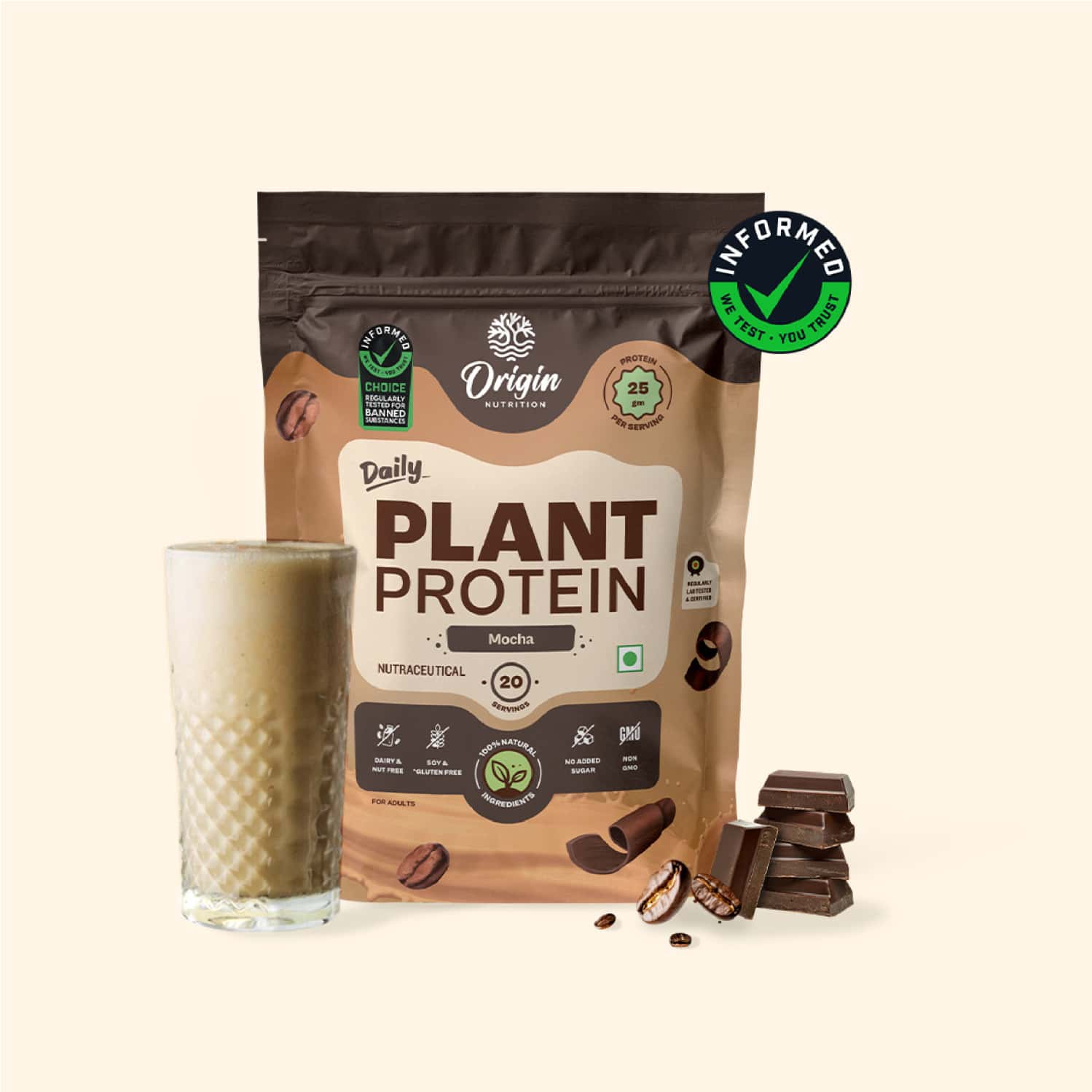 Origin Nutrition | Mocha Flavour With 25g Plant-based Protein | 20 Servings