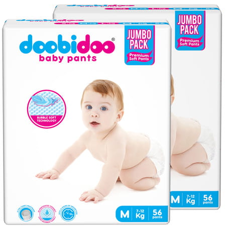 Doobidoo Baby Pants - Medium Size Diapers (112 Count) - With Anti Leak Side Cuffs (7-12 Kgs)