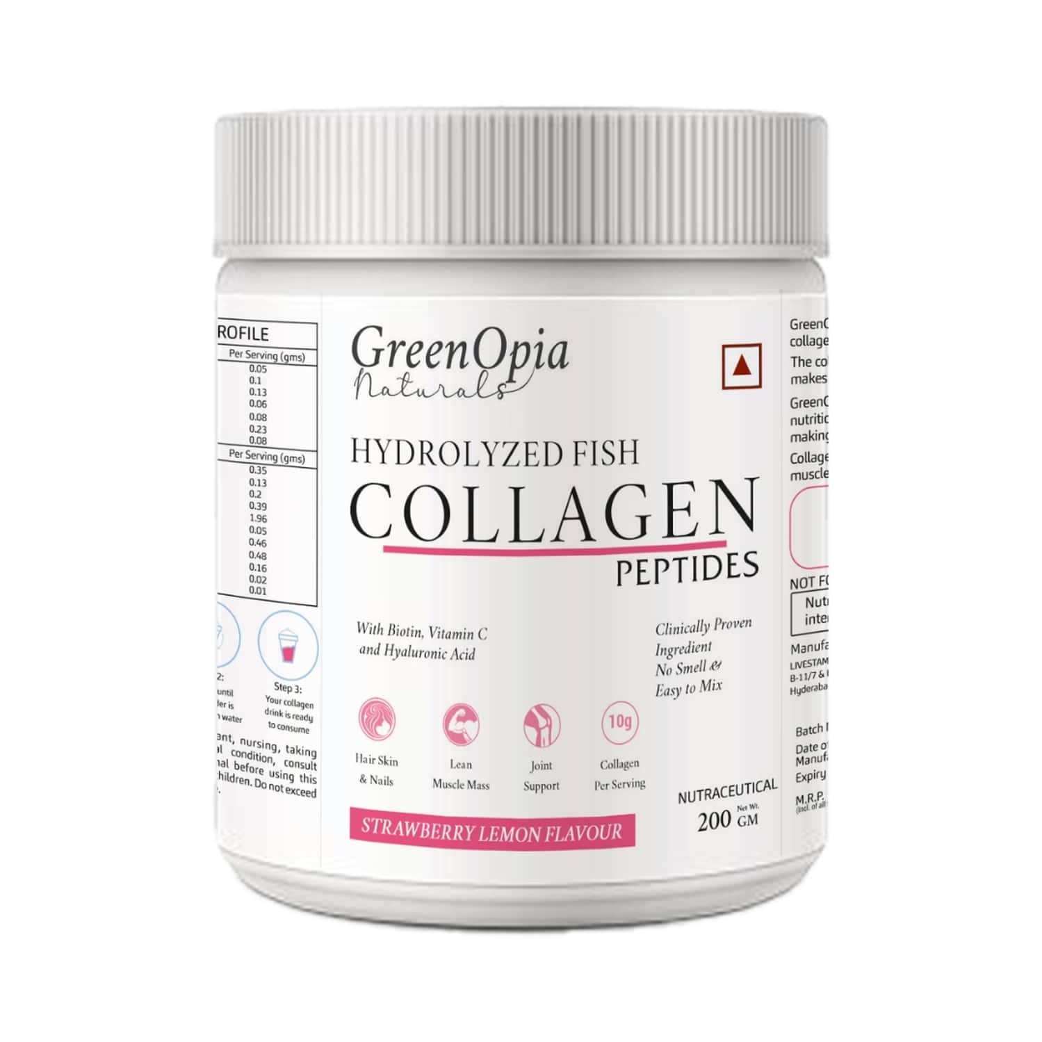 Greenopia Hydrolyzed Fish Type I & Ii | Marine Collagen Peptides Powder | Strawberry Lemon | 200 Gm