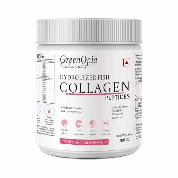 Greenopia Hydrolyzed Fish Type I & Ii | Marine Collagen Peptides Powder | Strawberry Lemon | 200 Gm