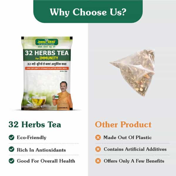 Jeena Sikho 32 Herbs Tea With Elaichi | Brahmi | Tulsi | Giloy | Laung | Gulab | 30Gm