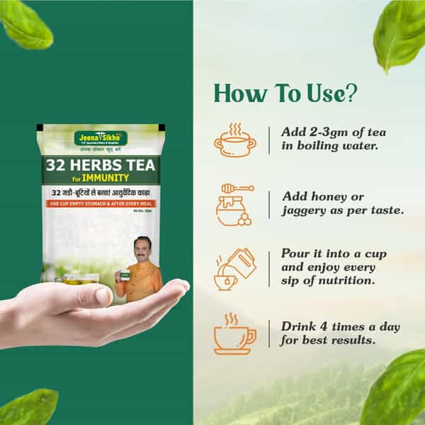 Jeena Sikho 32 Herbs Tea With Elaichi | Brahmi | Tulsi | Giloy | Laung | Gulab | 30Gm