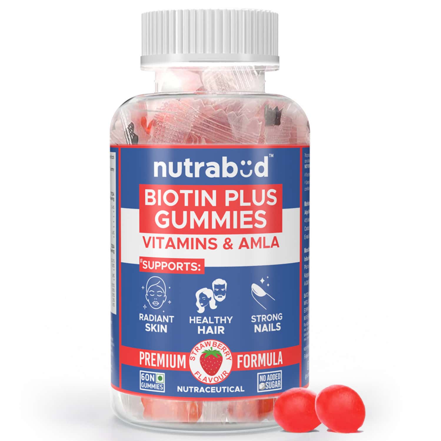 Nutrabud Biotin Hair Gummies | No Added Sugar | Hair | Skin & Nails | Strawberry Flavor | 60 Gummies