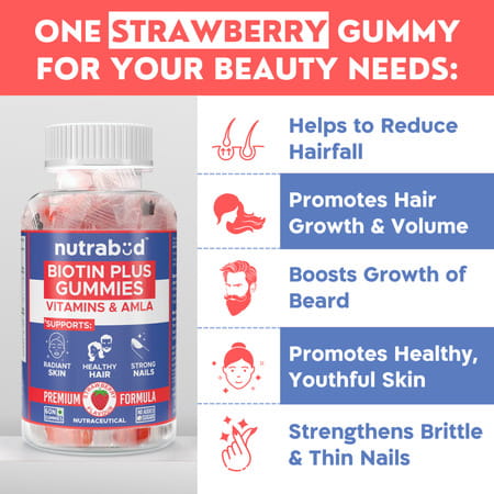 Nutrabud Biotin Hair Gummies | No Added Sugar | Hair | Skin & Nails | Strawberry Flavor | 60 Gummies