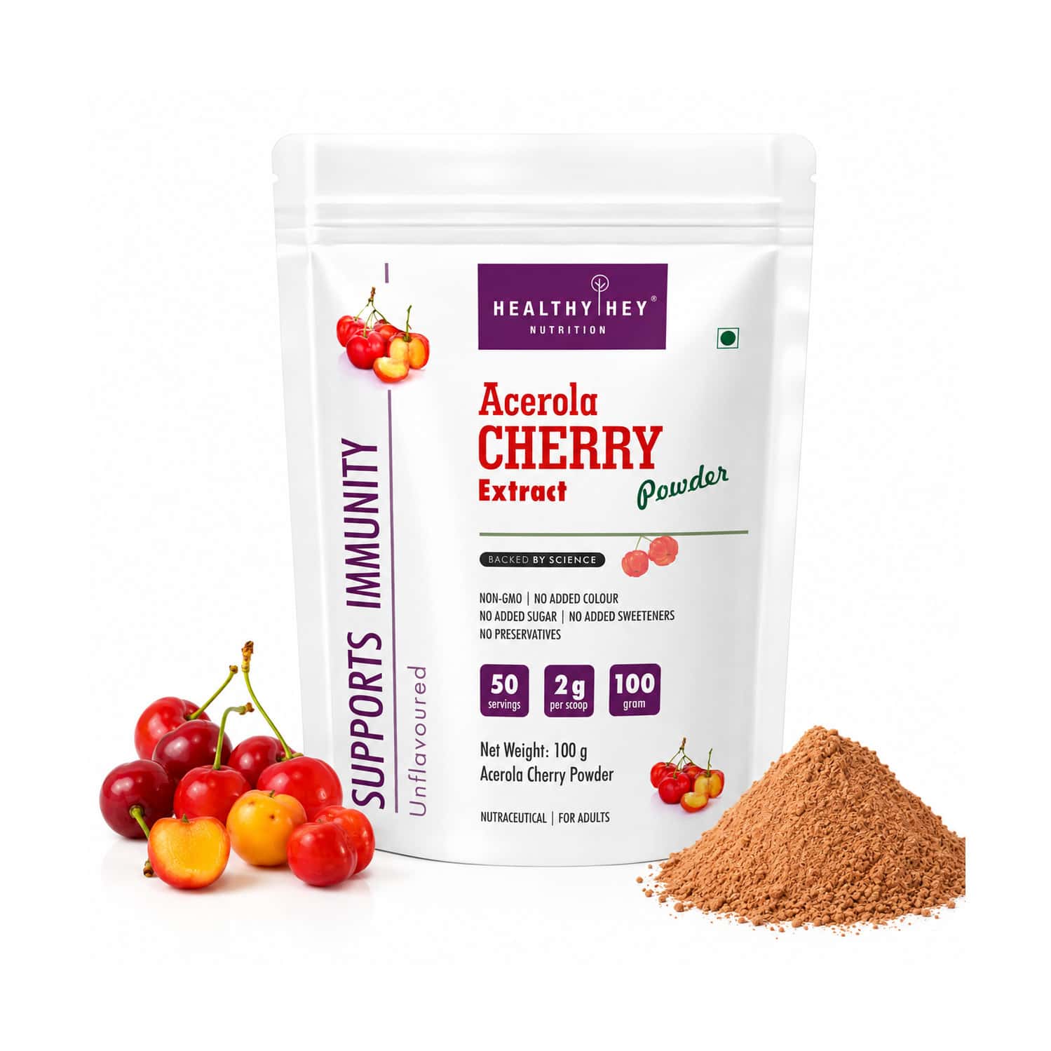 Healthyhey Natural Vit C 500 From Acerola Cherry Extract Powder-100g Unflavoured