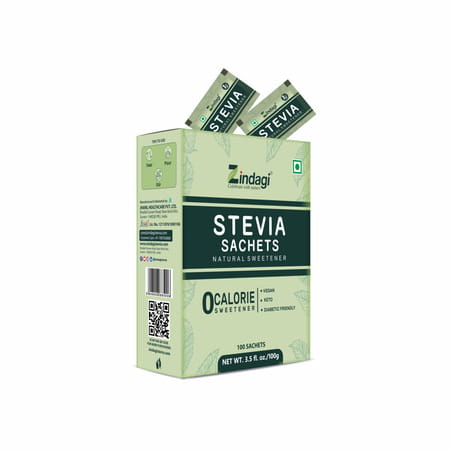 Zindagi Stevia Powder Sachets| Natural Stevia Extract| Zero Calories|100 Sachets| Pack Of 15