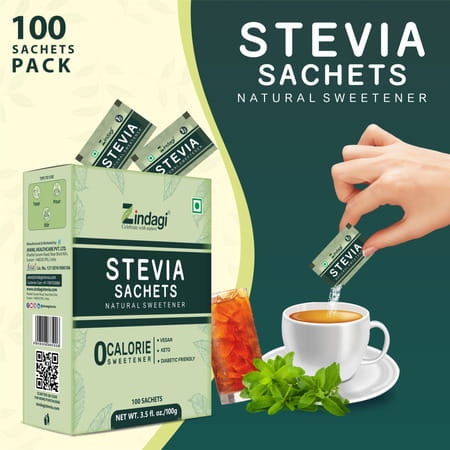 Zindagi Stevia Powder Sachets| Natural Stevia Extract| Zero Calories|100 Sachets| Pack Of 15