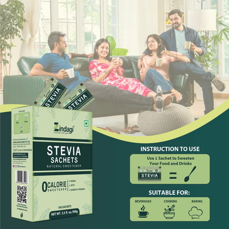 Zindagi Stevia Powder Sachets| Natural Stevia Extract| Zero Calories|100 Sachets| Pack Of 15