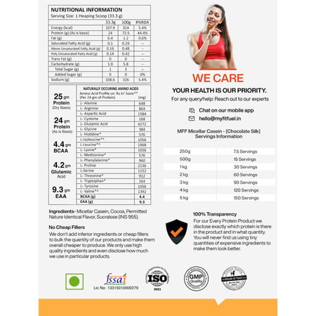 Myfitfuel Mff Micellar Casein Protein Powder 1 Kg (2.2 Lbs) Chocolate Silk | Slow Release Protein
