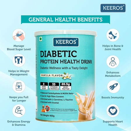 Keeros Diabetic Protein Health Drink Vanilla Flavor Tin 400 Gm