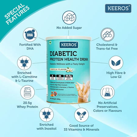 Keeros Diabetic Protein Health Drink Vanilla Flavor Tin 400 Gm